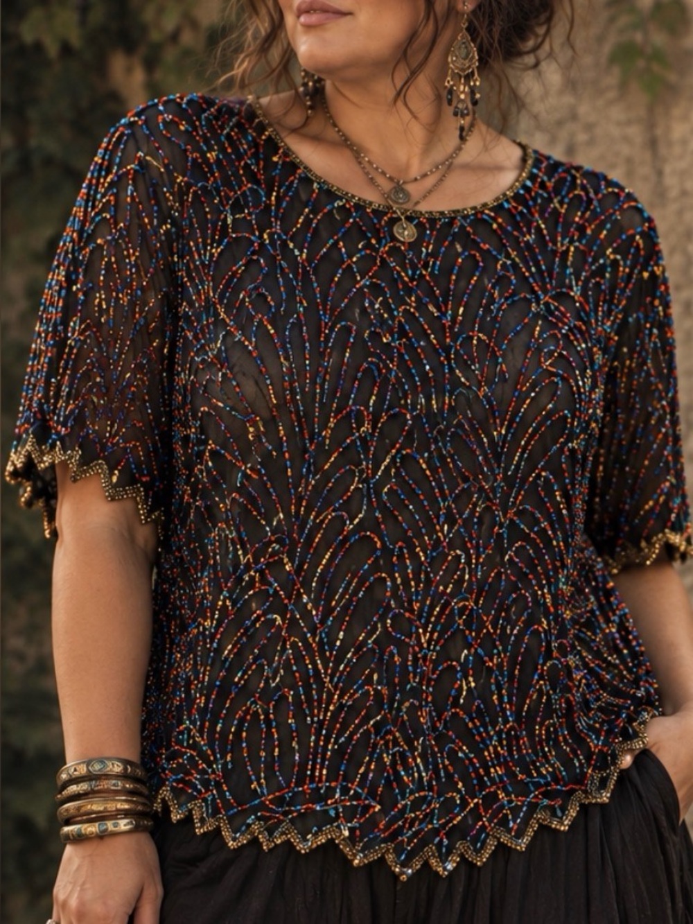 Laurence Kazar 4X Silk Beaded Vintage Top Multicolor Whimsigoth Maximalist